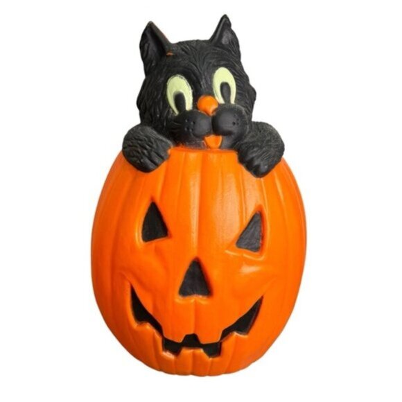 Vintage 90s Halloween Blow Mold Pumpkin Black Cat Jack-O-Lantern - Picture 1 of 15